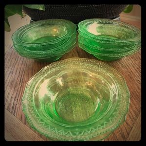 9 Small green Patrician depression glass